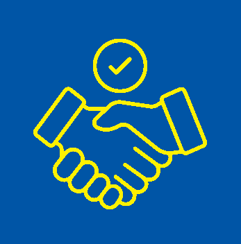 A line drawing of a handshake with a checkmark