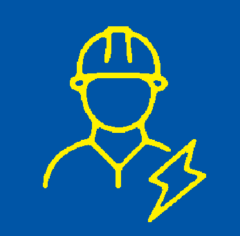 A line drawing of an electrician wearing a hardhat